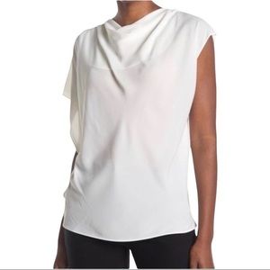 Halston White Asymmetric Sleeve Sheer Blouse size L NWOT